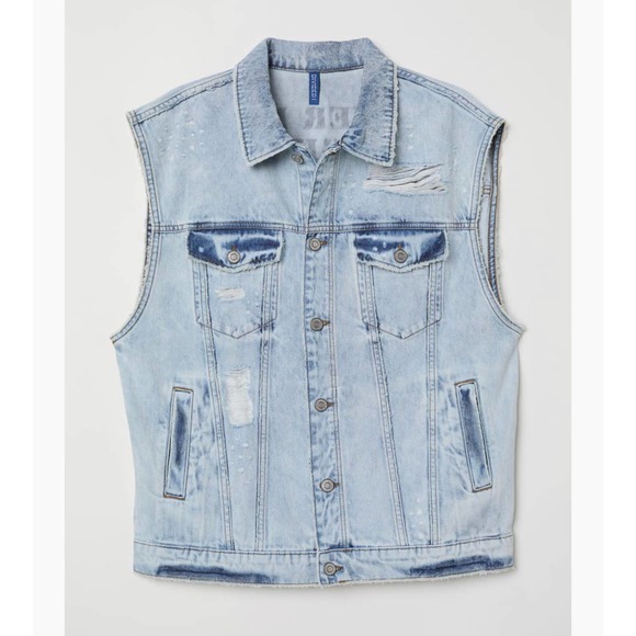 New H&M Denim Vest with Printed Design Light Distressed denim Men’s Sz Lg - Picture 1 of 10